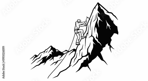 Climber ascends steep mountain peak with ice ax and rope