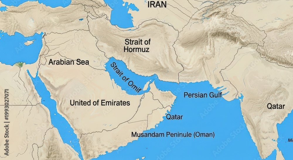 Naklejka premium Middle East geographic map, Persian Gulf and Strait of Hormuz regional chart, topographic physical map of Arabian Peninsula for news and education
