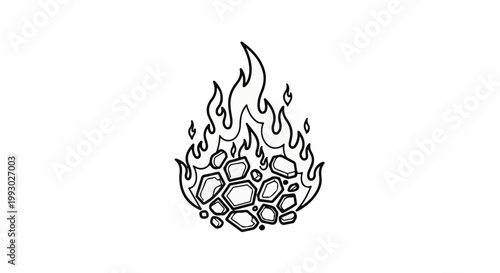 A hand-drawn black and white depiction of a campfire with flickering flames