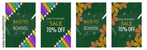 Set Back to School vertical Poster cover. Vector Back to School background with autumn leaves and pencil frame and bold chalk message. Perfect for Education poster and Sale flyer EPS 10