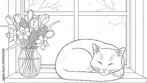 Cute little tabby cat sleeping peacefully on a sunny wooden windowsill beside a beautiful glass vase filled with fresh spring flowers for a relaxing sketch