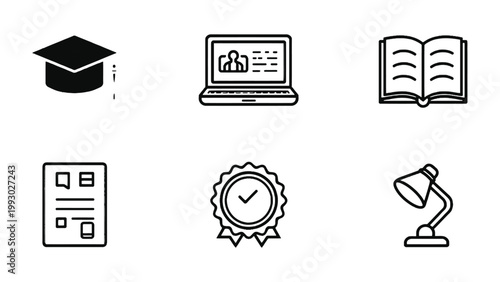 Academic Icons Collection: A collection of meticulously crafted, elegant line art icons representing essential academic elements. Perfect for educational themes, digital learning.