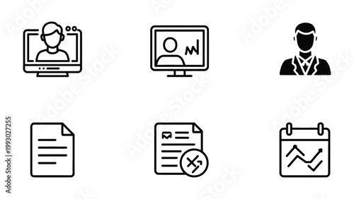 Business Icons: A collection of concise business icons, designed to symbolize virtual meetings, video presentations, document details and time management