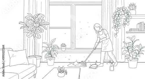 A focused woman diligently sweeps the floor in a bright, clean living room, maintaining her tidy home environment with essential cleaning tools and a sense of calm.