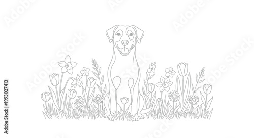 Happy dog sitting surrounded by blooming spring flowers in a garden illustration perfect for children coloring books featuring detailed outlines of a cute playful puppy
