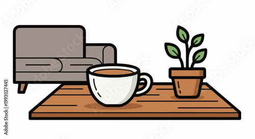 A minimalist depiction of a cozy living room scene with a couch, coffee, and plant