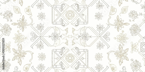 Tableau sur toile Minimalist Floral Line Art Pattern, Monochrome Geometric Tile Design