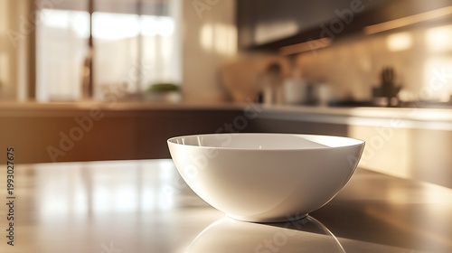 Minimalist white ceramic bowl on wooden kitchen counter with natural light