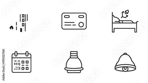 Collection of Everyday Icons: A diverse compilation of minimalist icons representing various aspects of daily life, from a burning match to a ringing bell.