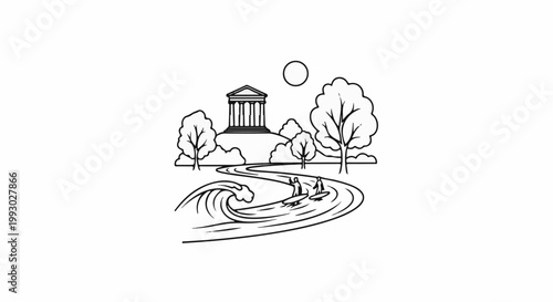 Surfers ride a wave down a river towards a classical structure