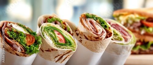 The Wraps Closeup of Fresh Deli Tortilla Wraps Filled with Lettuce and Ham