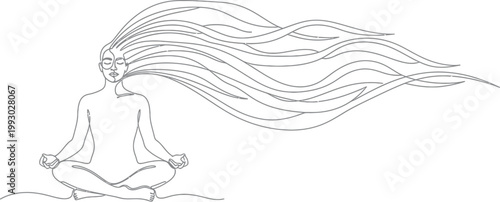 Minimalist single line drawing of a peaceful woman sitting in a lotus meditation position with long flowing hair spread out behind her in abstract style.