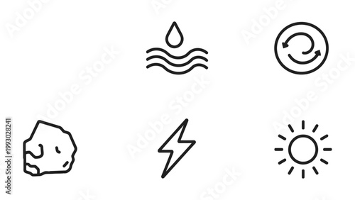 Sustainability Icon Set: A minimalistic collection of hand-drawn icons representing the core elements of environmental sustainability and renewable energy sources.