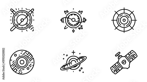 Celestial and Spatial Instruments: A collection of meticulously crafted, minimalist line art illustrations featuring an assortment of instruments associated with navigation and celestial observations.