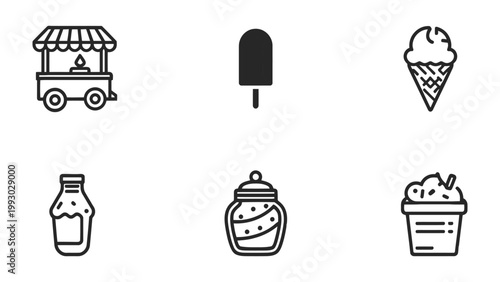 Cool Delights: Vector icons illustrating a selection of delightful frozen treats, including a ice cream cart, ice lolly, ice cream cone, a bottle, a jar and ice cream cup.