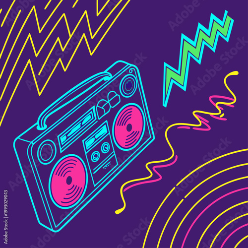 Retro boombox with abstract sound waves and lightning boom box pop culture graphic element design element old school lightning illustration nostalgia abstract colorful portable cassette