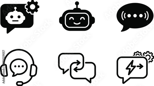 Collection of black and white robotic communication and support icons representing artificial intelligence concepts