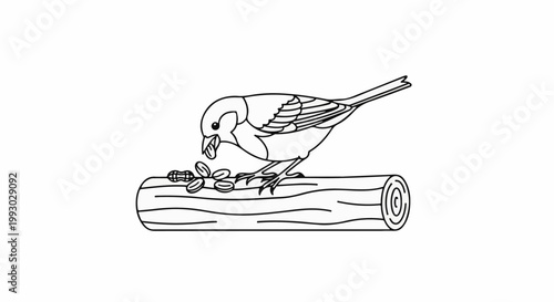 A small bird pecks at peanuts scattered on a log