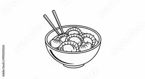 A simple line drawing of a bowl filled with dumplings and chopsticks