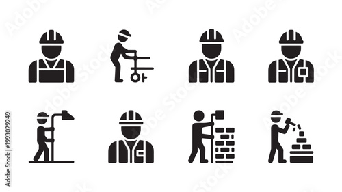 Construction Worker Icon Set, Professional Building Industry Tradesman Pictograms on White
