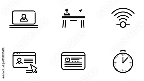 Digital Icons for Modernity: A minimalist collection of icons represents diverse facets of digital life, each crafted with clean lines and conveying essential concepts with elegant simplicity.