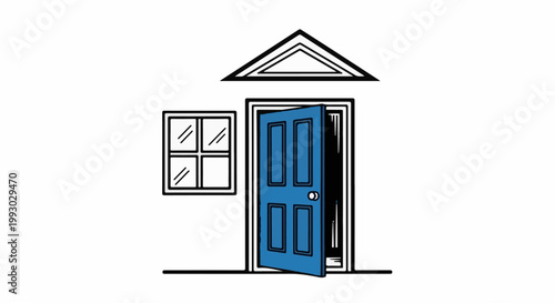 An open blue door and a window on a white background, simple outline