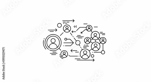 Abstract network diagram with connected people icons and directional arrows