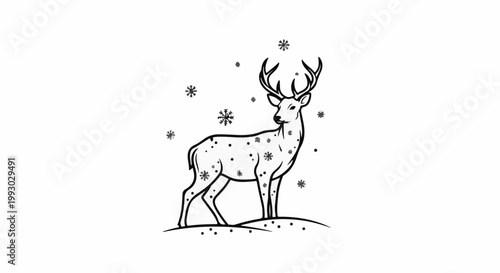 A reindeer with antlers stands on snow-covered ground, with snowflakes falling