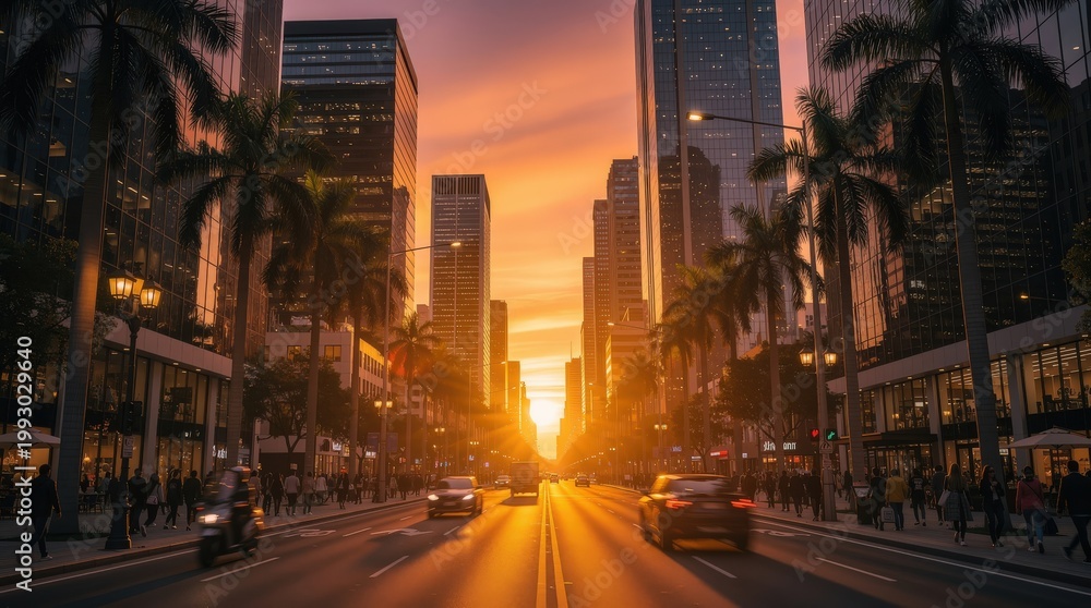Naklejka premium A vibrant city street at sunset with tall skyscrapers, palm trees, and busy traffic creating a warm, glowing urban atmosphere.