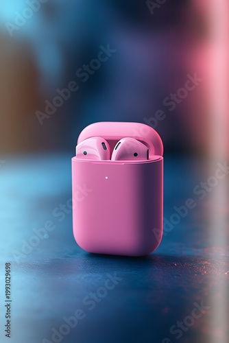 Pink wireless earbuds in charging case on dark textured surface with soft lighting