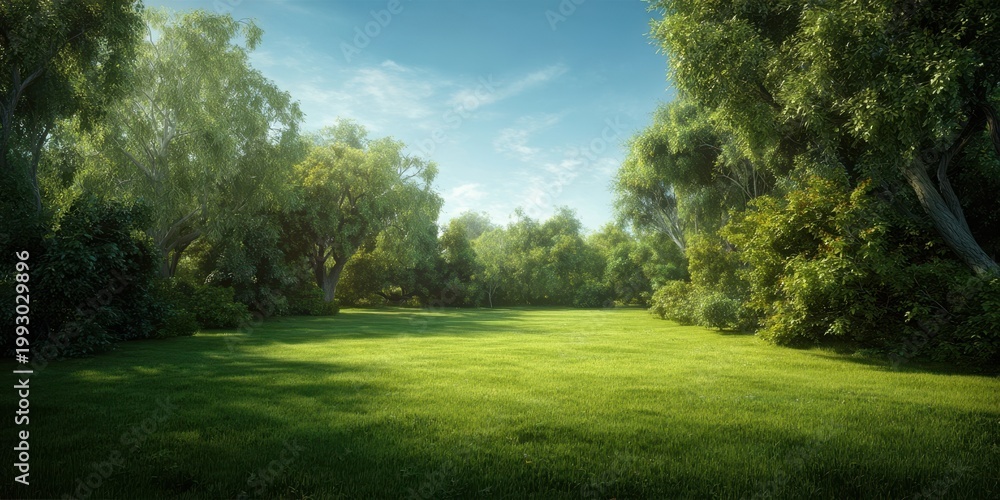Obraz premium The Meadow of Sunlit Green Grass Surrounded by Lush Trees Under Blue Sky
