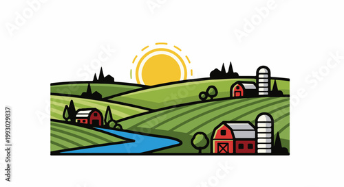 Stylized rural landscape with rolling green fields, river, and barns at sunrise