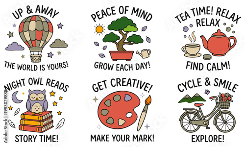 A vibrant collection of inspirational illustrations celebrating personal growth, creative pursuits, relaxation, and the joy of everyday adventures and mindful living