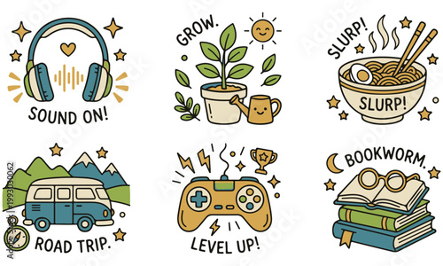 Whimsical illustration bundle featuring everyday pleasures, personal interests, and recreational activities in a fun, artistic style