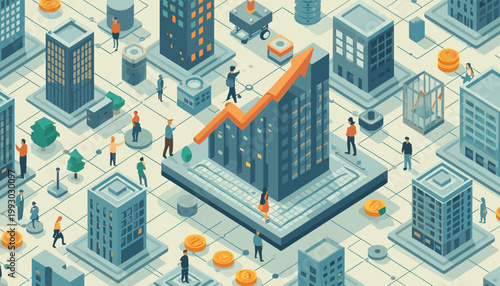 A stylized isometric illustration depicting urban life, ideal for conveying concepts of connectivity, modern living, and societal dynamics in marketin