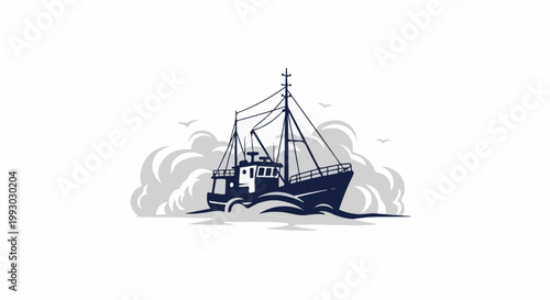 A stylized fishing trawler navigates choppy seas under a cloudy sky