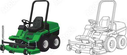 Green zero turn mower and line art illustration professional lawn care equipment for landscaping and grounds maintenance isolated on 