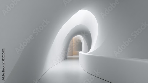Abstract modern corridor with smooth white curves, minimalist design, and soft lighting creating a serene atmosphere for creative spaces and architecture