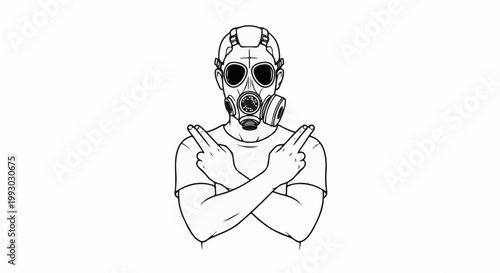 Person wearing gas mask, arms crossed, peace sign fingers