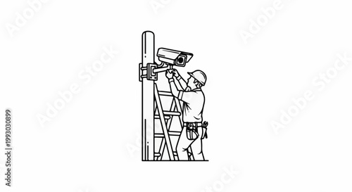 A worker on a ladder installs a security camera on a pole
