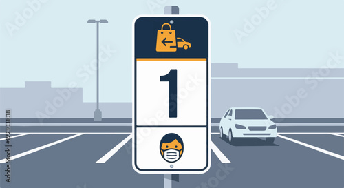 Parking space 1 sign with shopping bag, car, and masked face icon