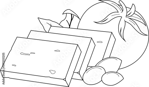 Feta cheese, tomato and olives. Pieces of traditional Greek feta cheese. Dairy product appetizer dish from Greece. Vector black and white coloring page