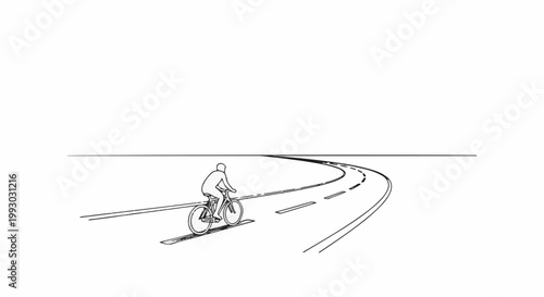 A single person rides a bicycle on a winding road, viewed from behind