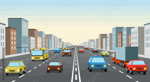 Busy City Street with Traffic and Buildings