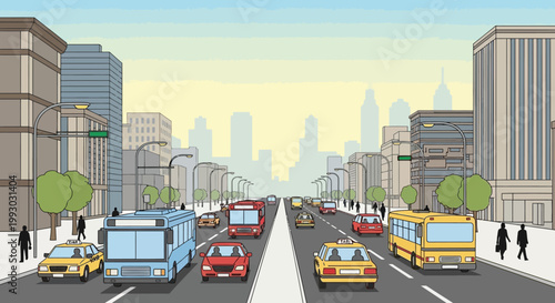 Busy City Street with Traffic and Tall Buildings