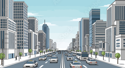 Busy City Street with Traffic and Tall Buildings