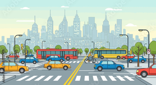 Busy City Traffic Intersection with Cars, Buses, and Cyclist