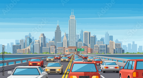 Busy City Traffic Jam on Bridge with Skyline View