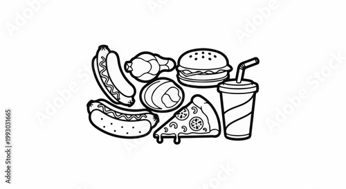 Assortment of popular fast foods, including hot dogs, a burger, pizza, chicken, and a drink