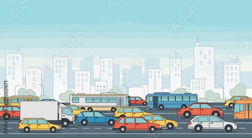 Busy city traffic jam with cars and buses against skyline